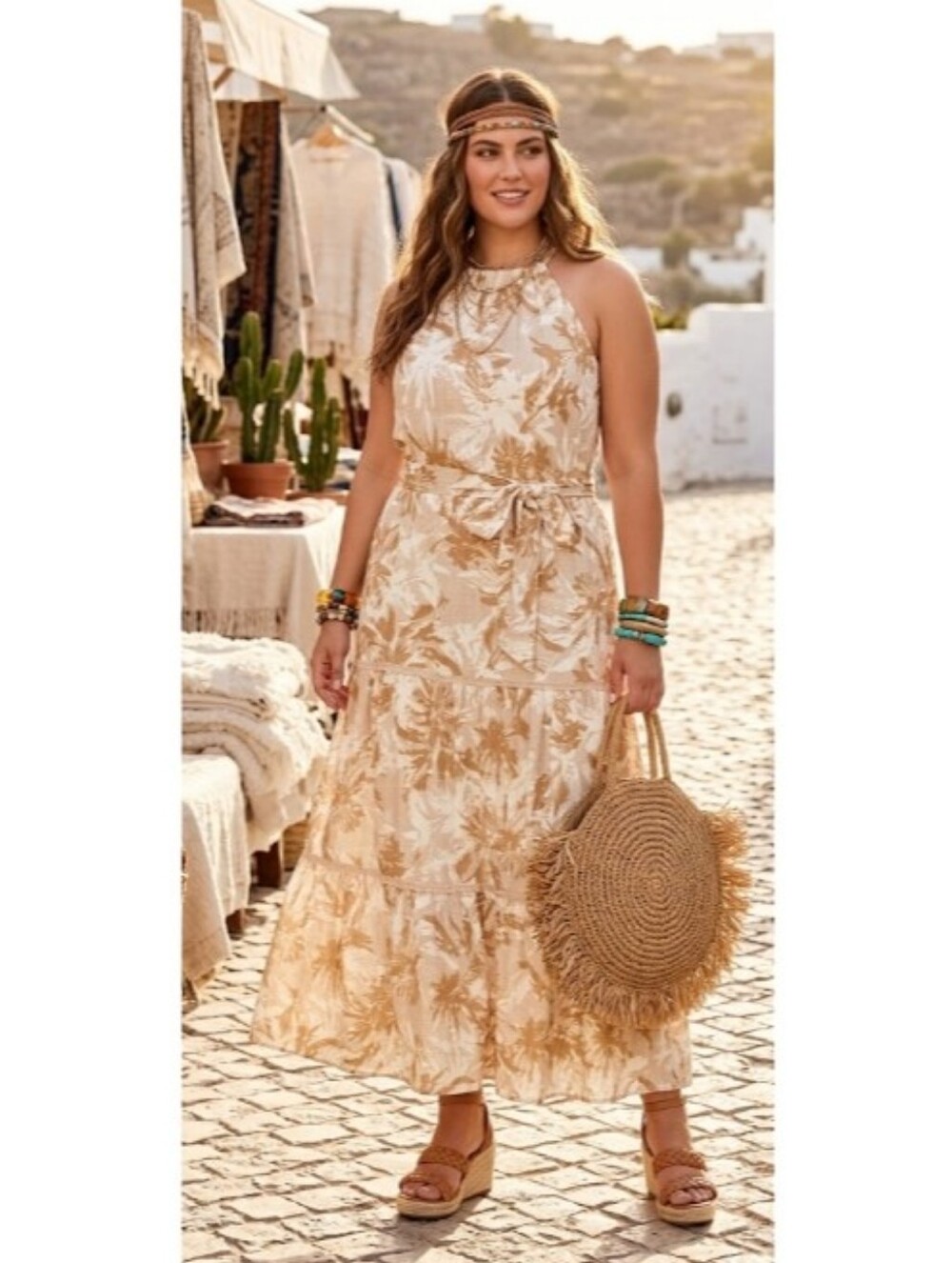 ARNA YORK Raine Halter Neck Linen Blend Cream & Tan Maxi Dress - Picture 9 of 9